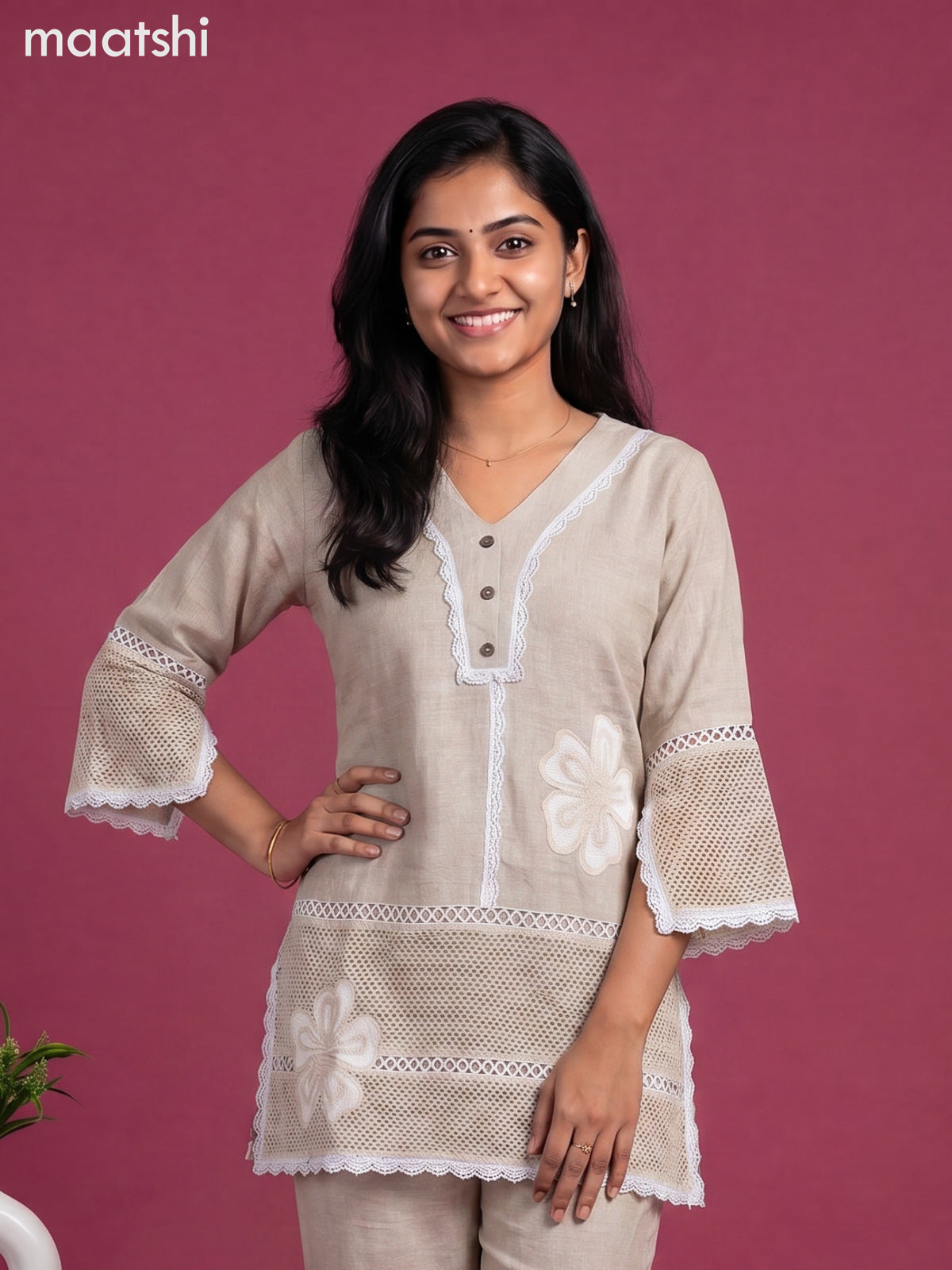 Beige Linen Cotton Embroidery Work Co-Ord Set
