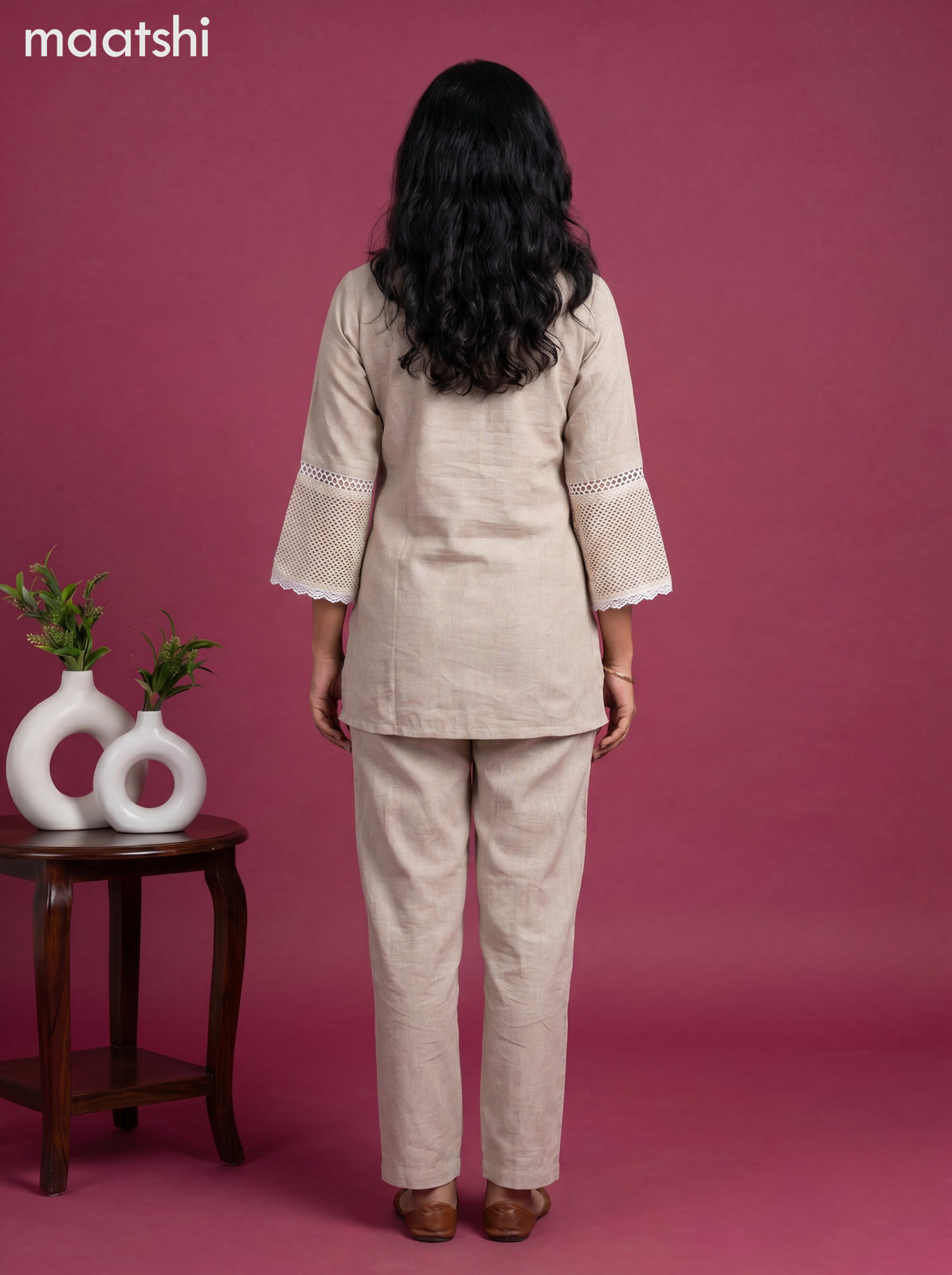 Beige Linen Cotton Embroidery Work Co-Ord Set