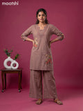 Pastel Brown Linen Cotton Embroidery Work Co-Ord Set