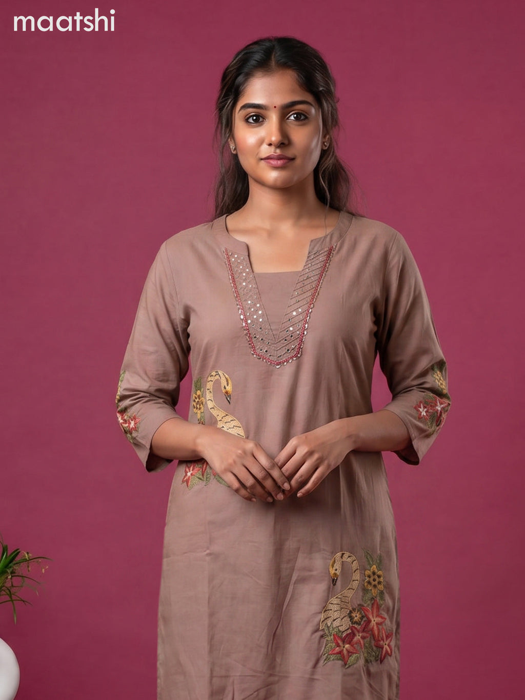 Pastel Brown Linen Cotton Embroidery Work Co-Ord Set