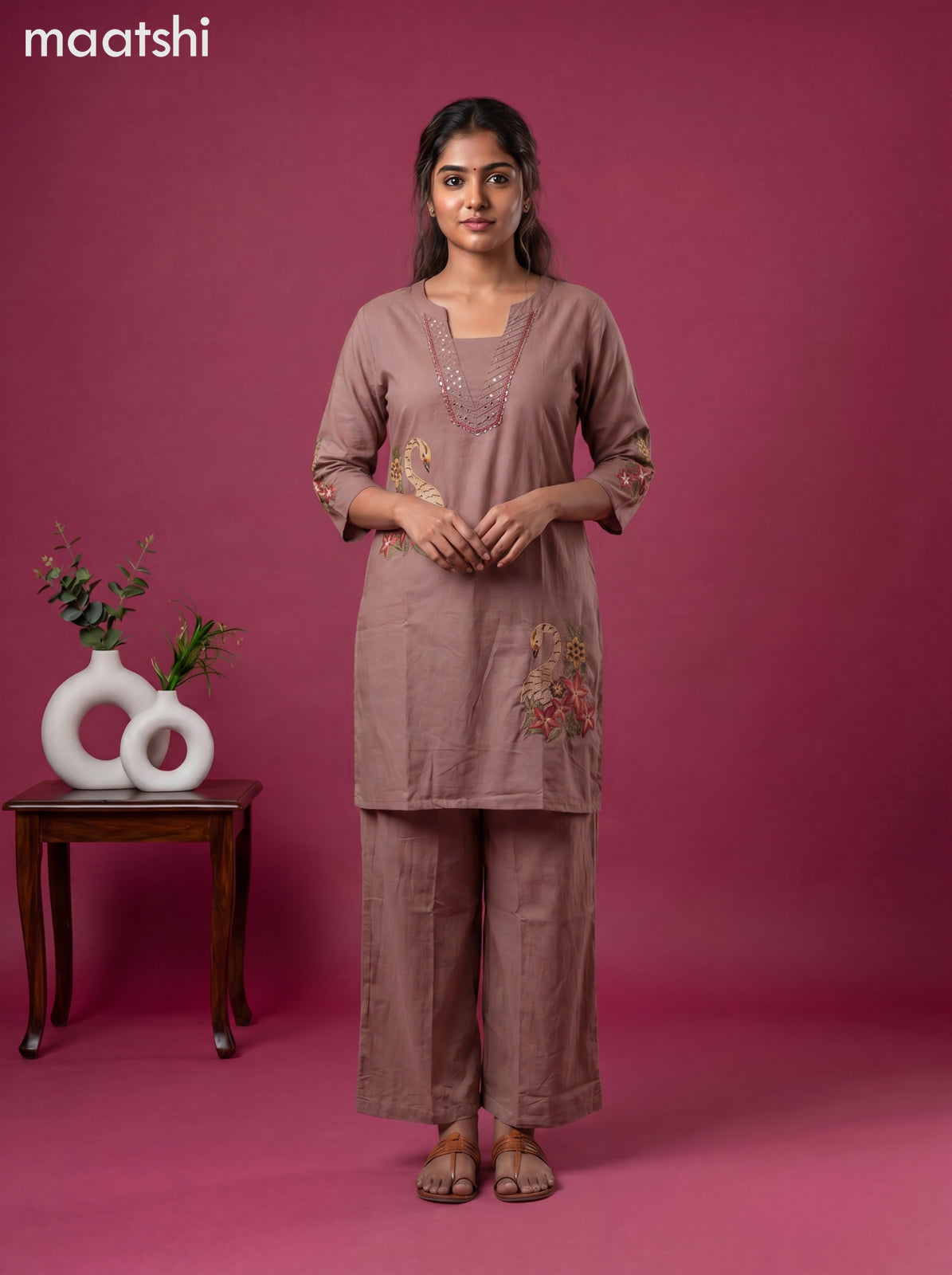 Pastel Brown Linen Cotton Embroidery Work Co-Ord Set