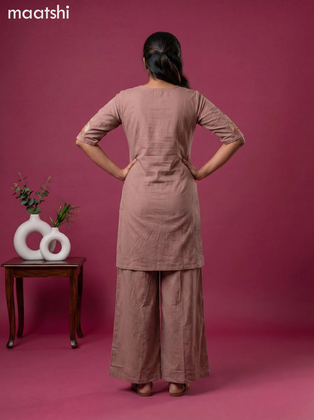 Pastel Brown Linen Cotton Embroidery Work Co-Ord Set
