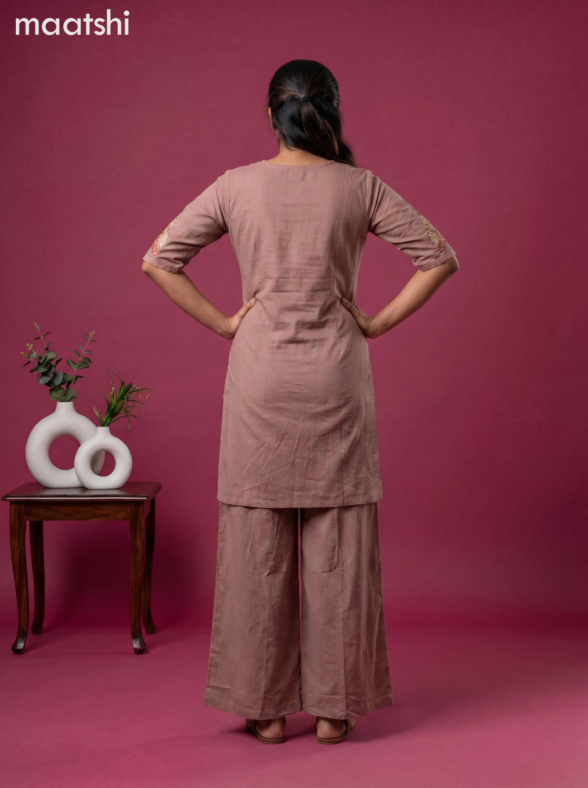 Pastel Brown Linen Cotton Embroidery Work Co-Ord Set