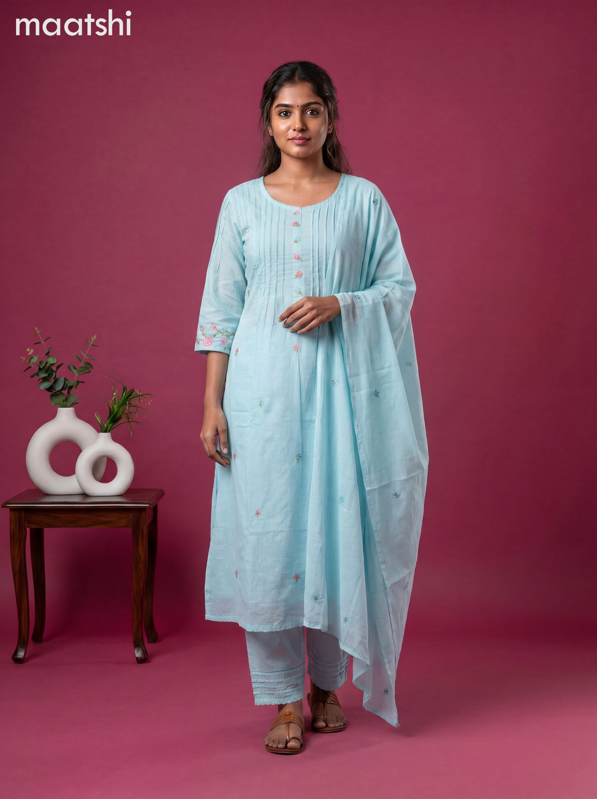 Blue Cotton Embroidery Work Anarkali Suit