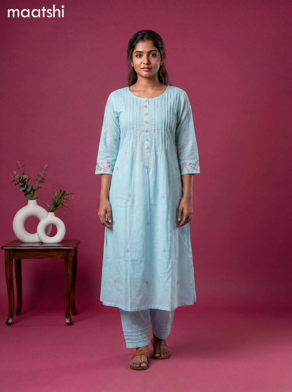 Blue Cotton Embroidery Work Anarkali Suit