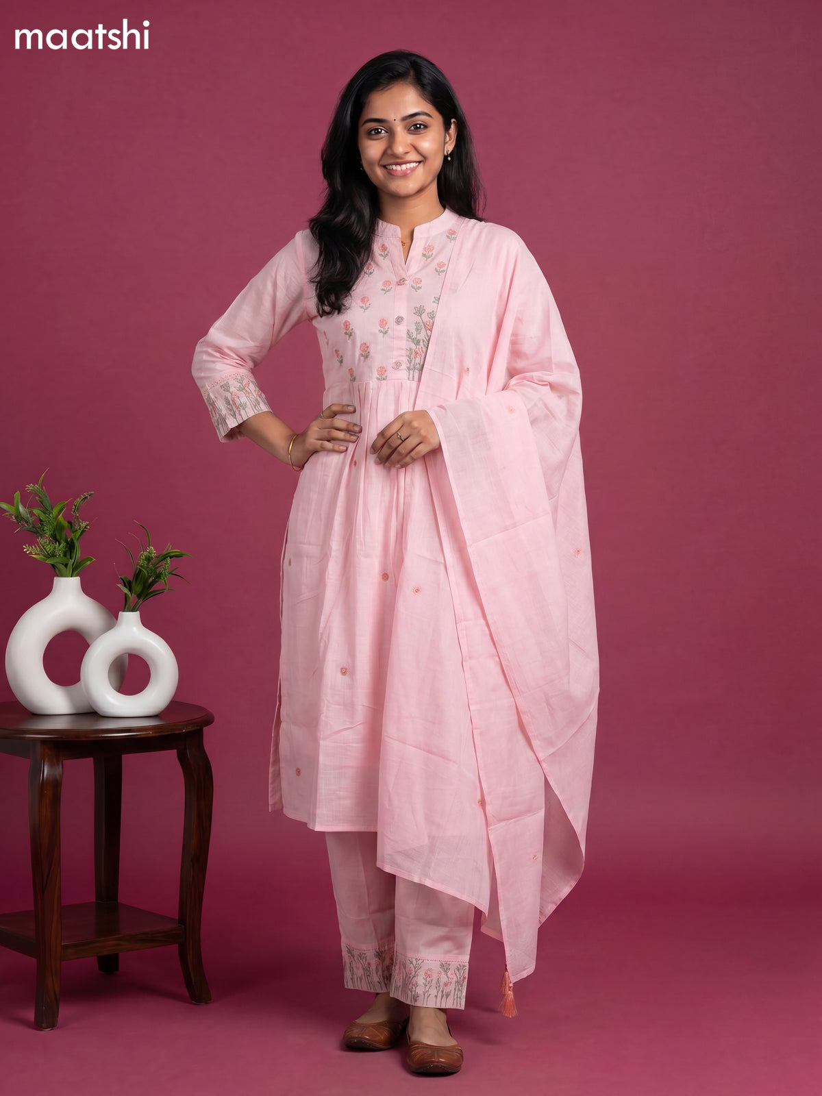 Lotus Pink Cotton Embroidery Work Straight Suit