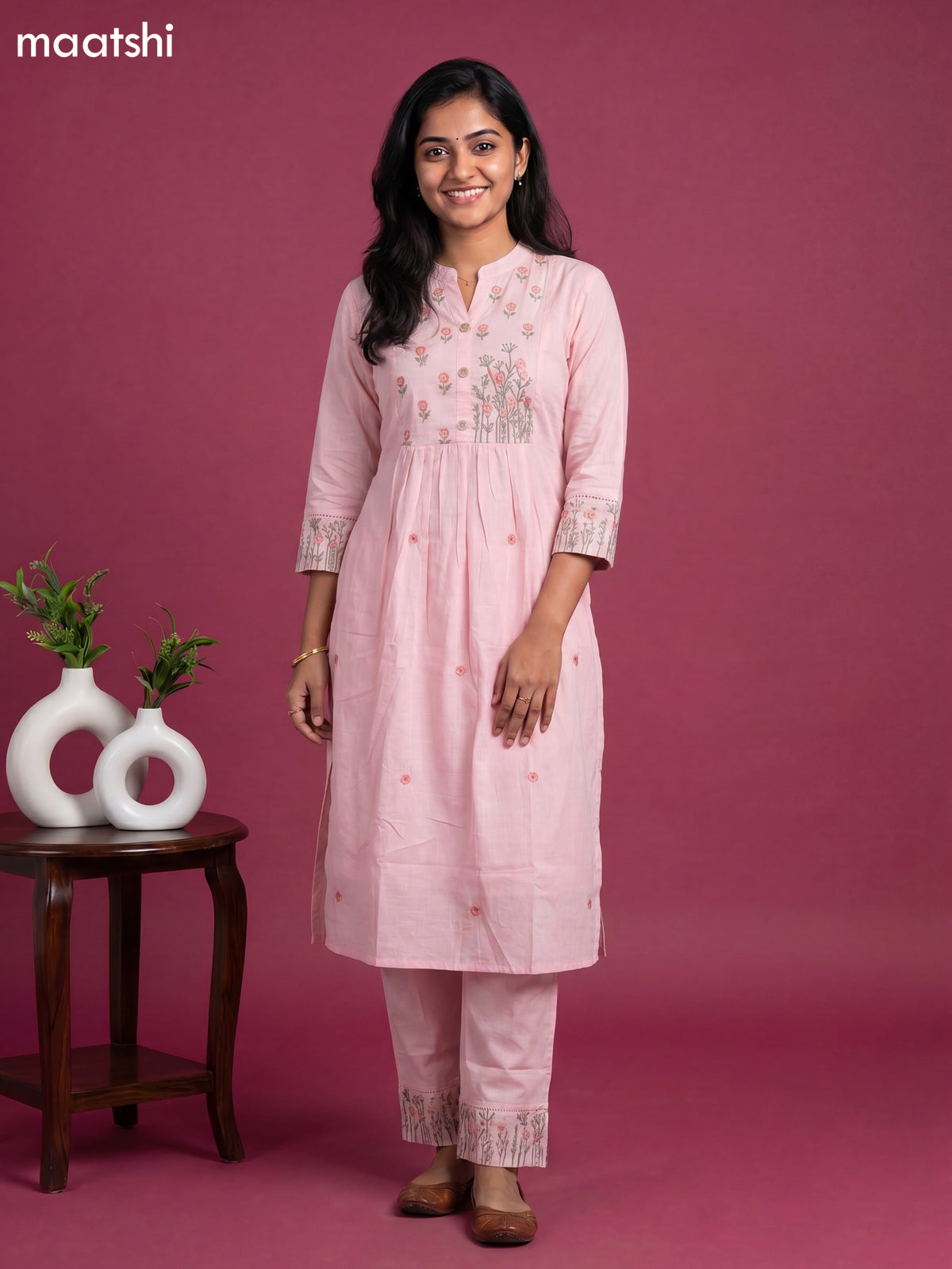 Lotus Pink Cotton Embroidery Work Straight Suit