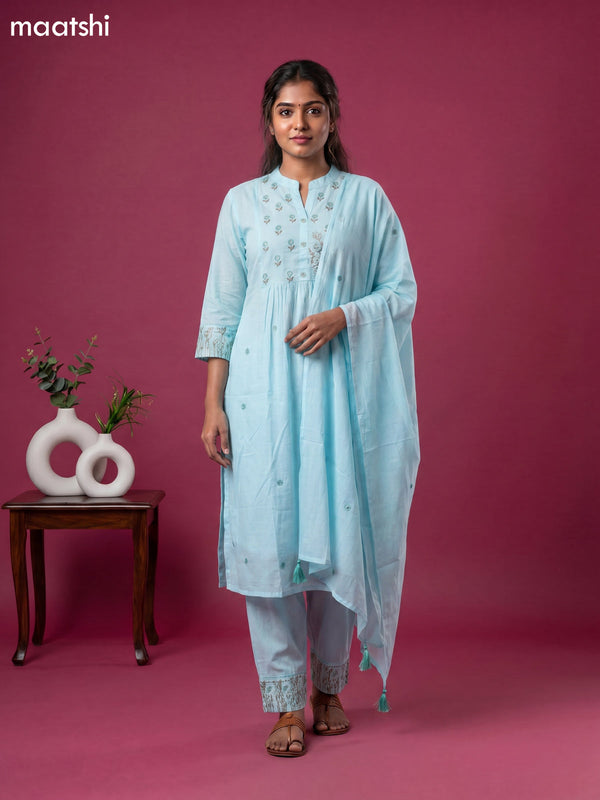 Blue Cotton Embroidery Work Straight Suit
