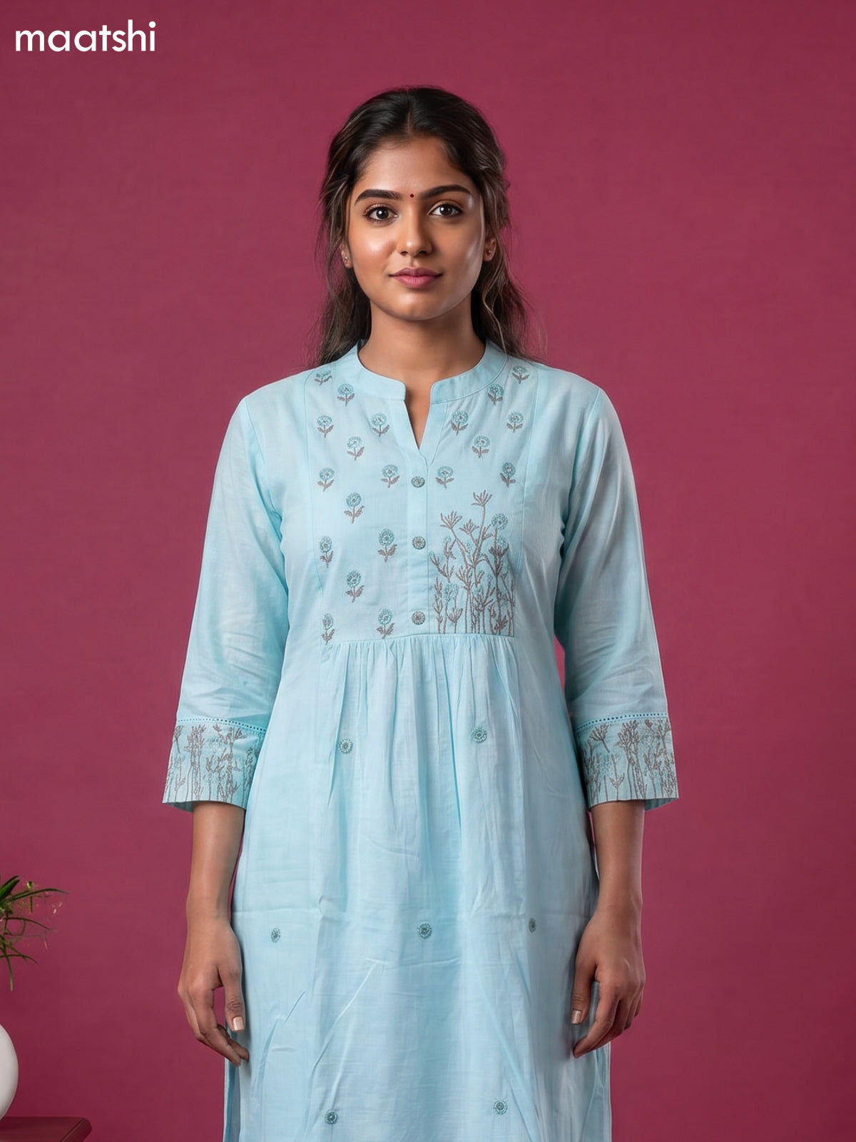 Blue Cotton Embroidery Work Straight Suit