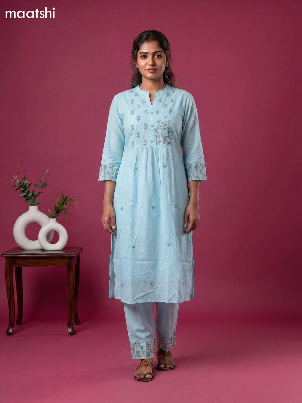 Blue Cotton Embroidery Work Straight Suit