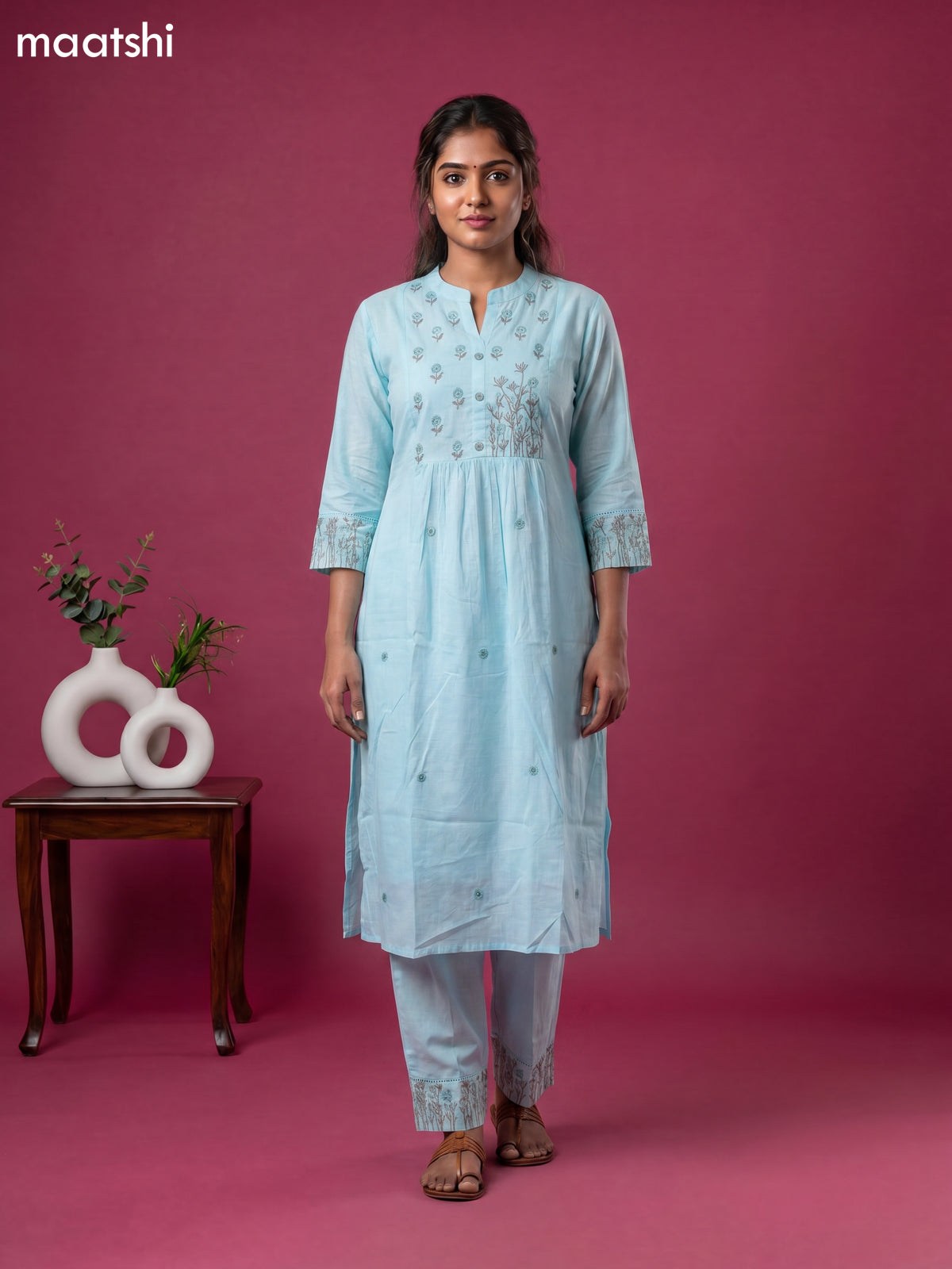 Blue Cotton Embroidery Work Straight Suit
