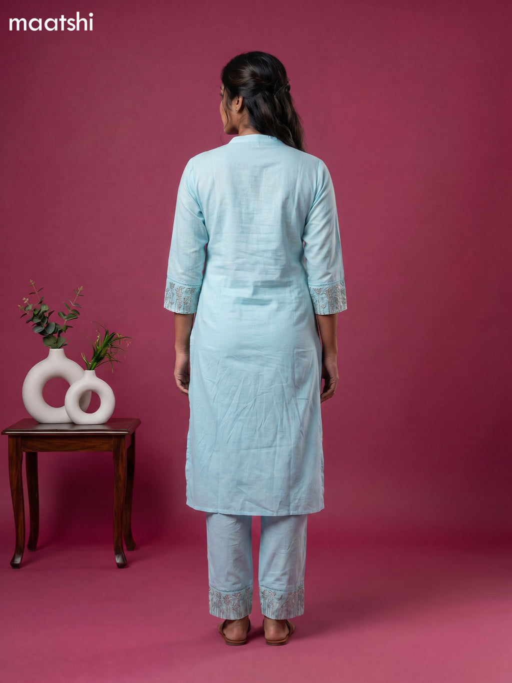 Blue Cotton Embroidery Work Straight Suit