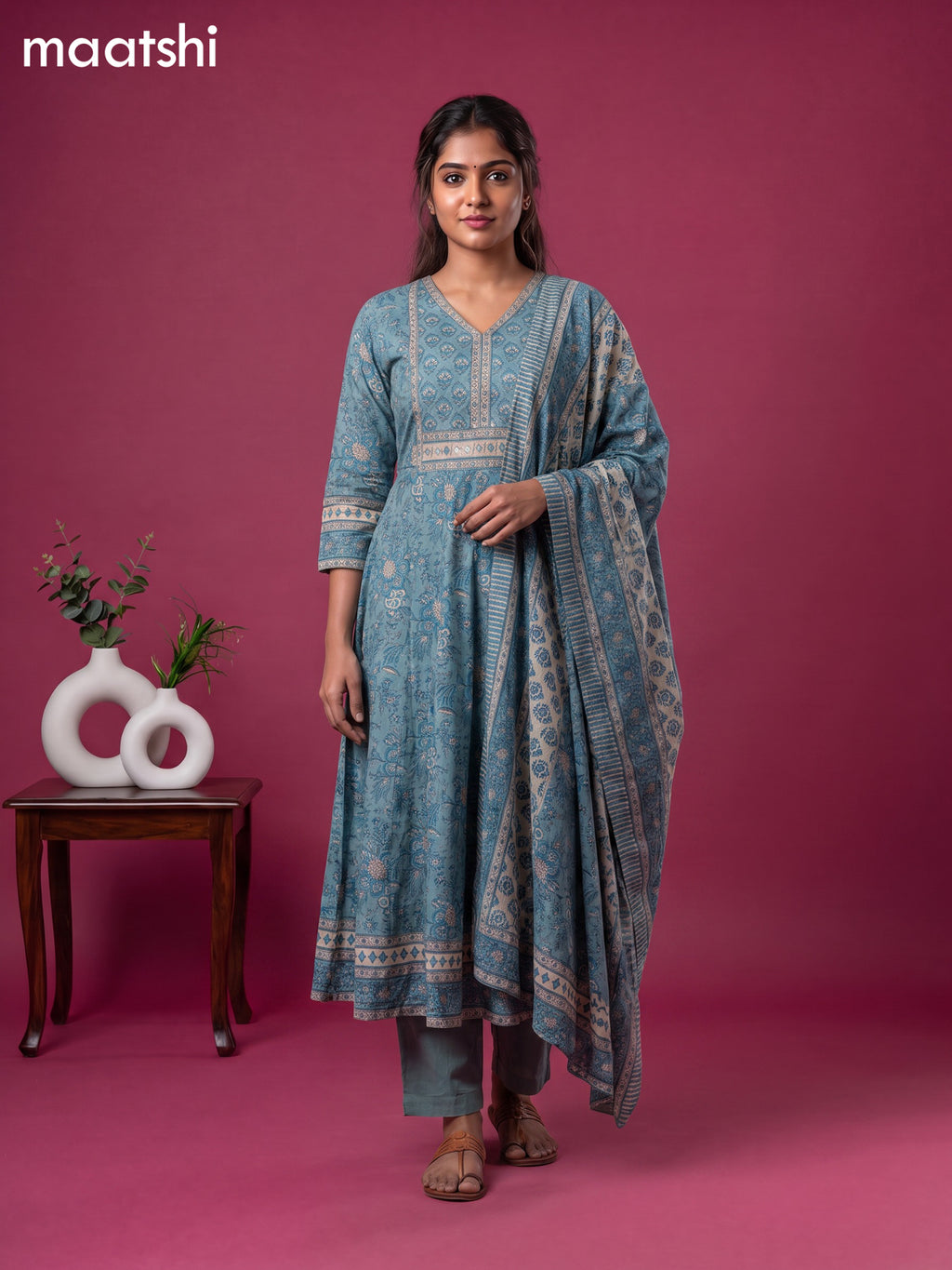 Teal Blue Cotton Floral Printed & Embroidery Work Anarkali Suit