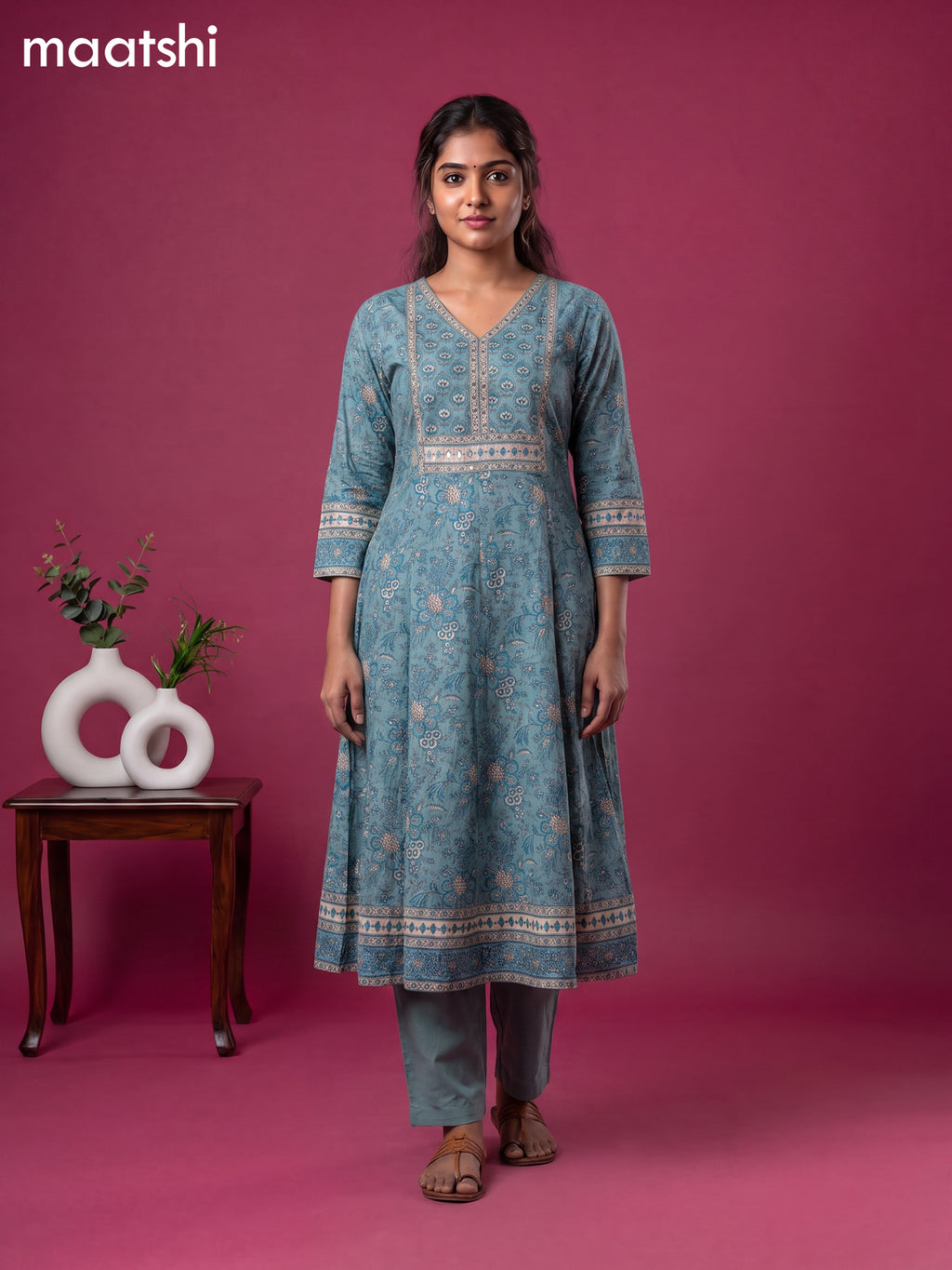 Teal Blue Cotton Floral Printed & Embroidery Work Anarkali Suit