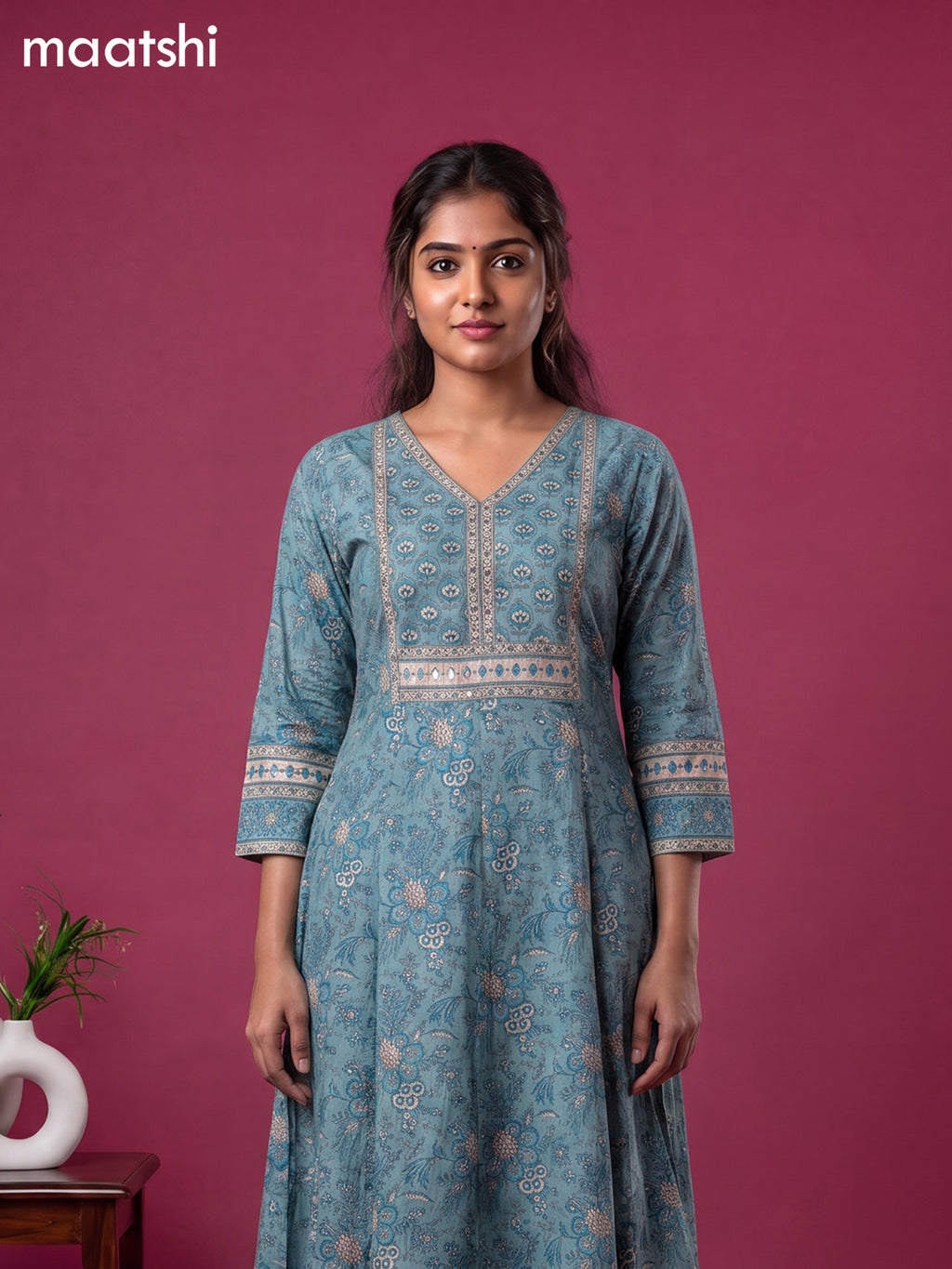 Teal Blue Cotton Floral Printed & Embroidery Work Anarkali Suit