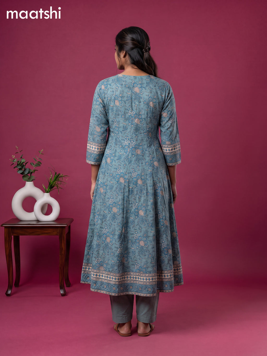 Teal Blue Cotton Floral Printed & Embroidery Work Anarkali Suit
