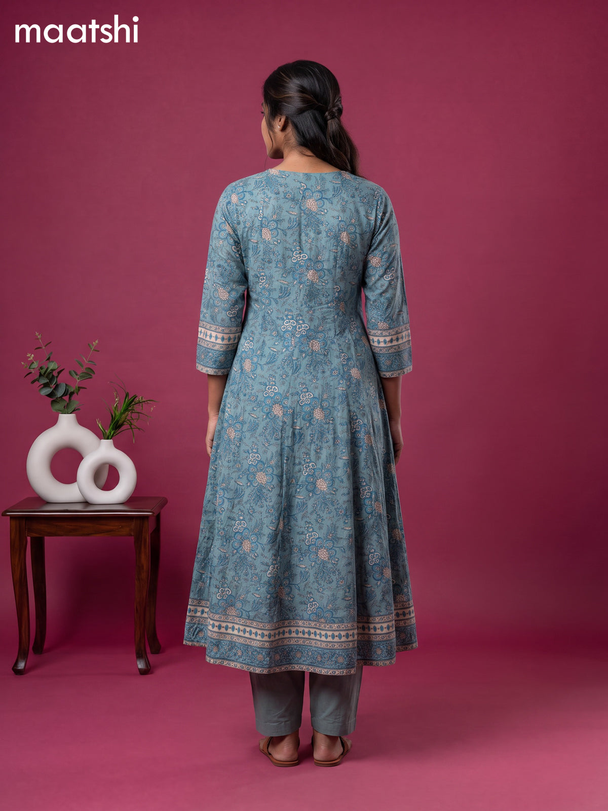 Teal Blue Cotton Floral Printed & Embroidery Work Anarkali Suit