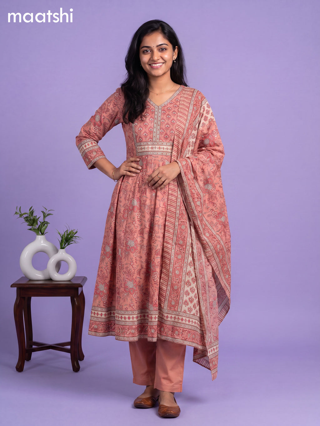 Peach Cotton Floral Printed & Embroidery Work Anarkali Suit