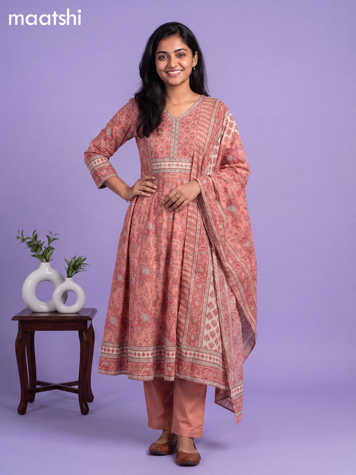 Peach Cotton Floral Printed & Embroidery Work Anarkali Suit