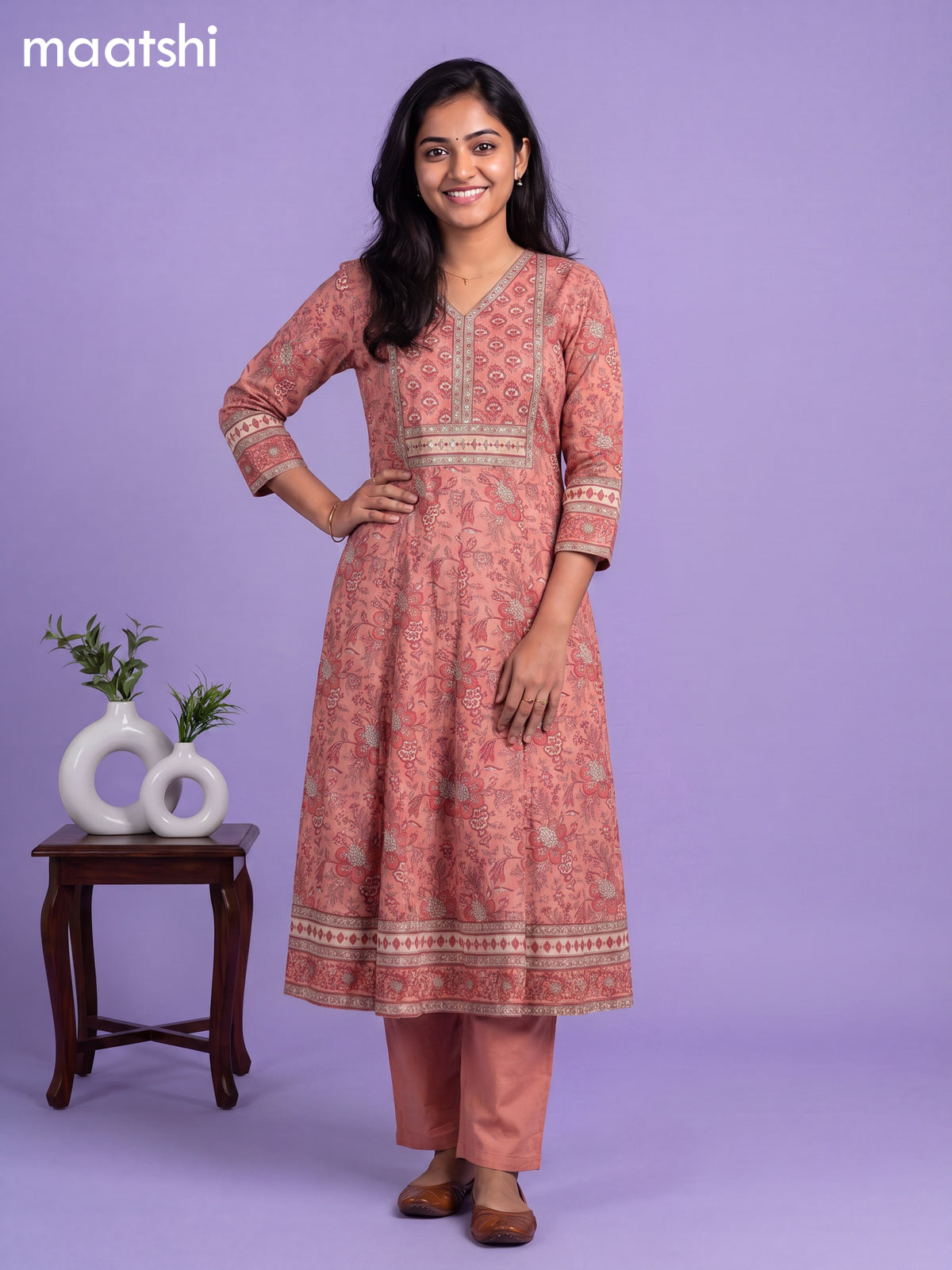 Peach Cotton Floral Printed & Embroidery Work Anarkali Suit