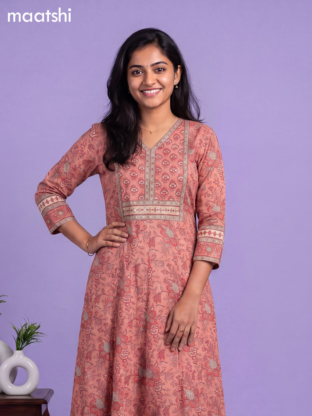 Peach Cotton Floral Printed & Embroidery Work Anarkali Suit