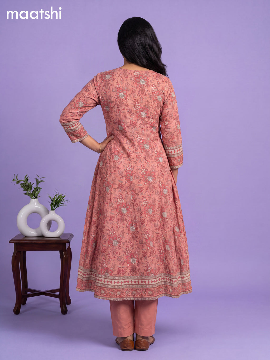 Peach Cotton Floral Printed & Embroidery Work Anarkali Suit