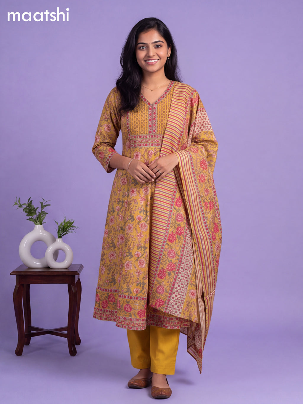 Yellow Cotton Allover Floral Printed Anarkali Suit