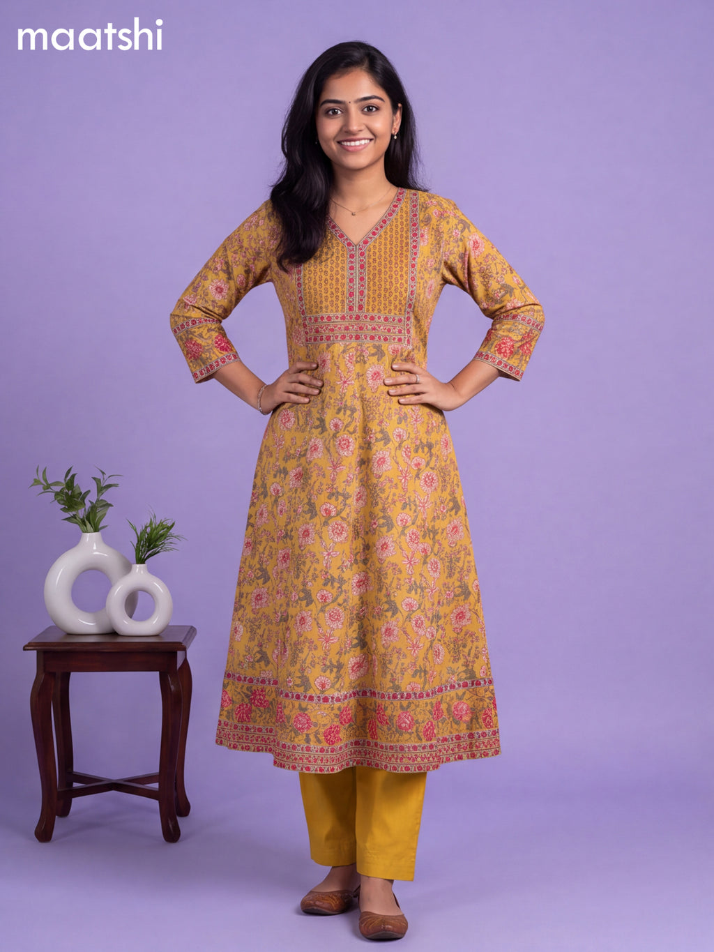 Yellow Cotton Allover Floral Printed Anarkali Suit