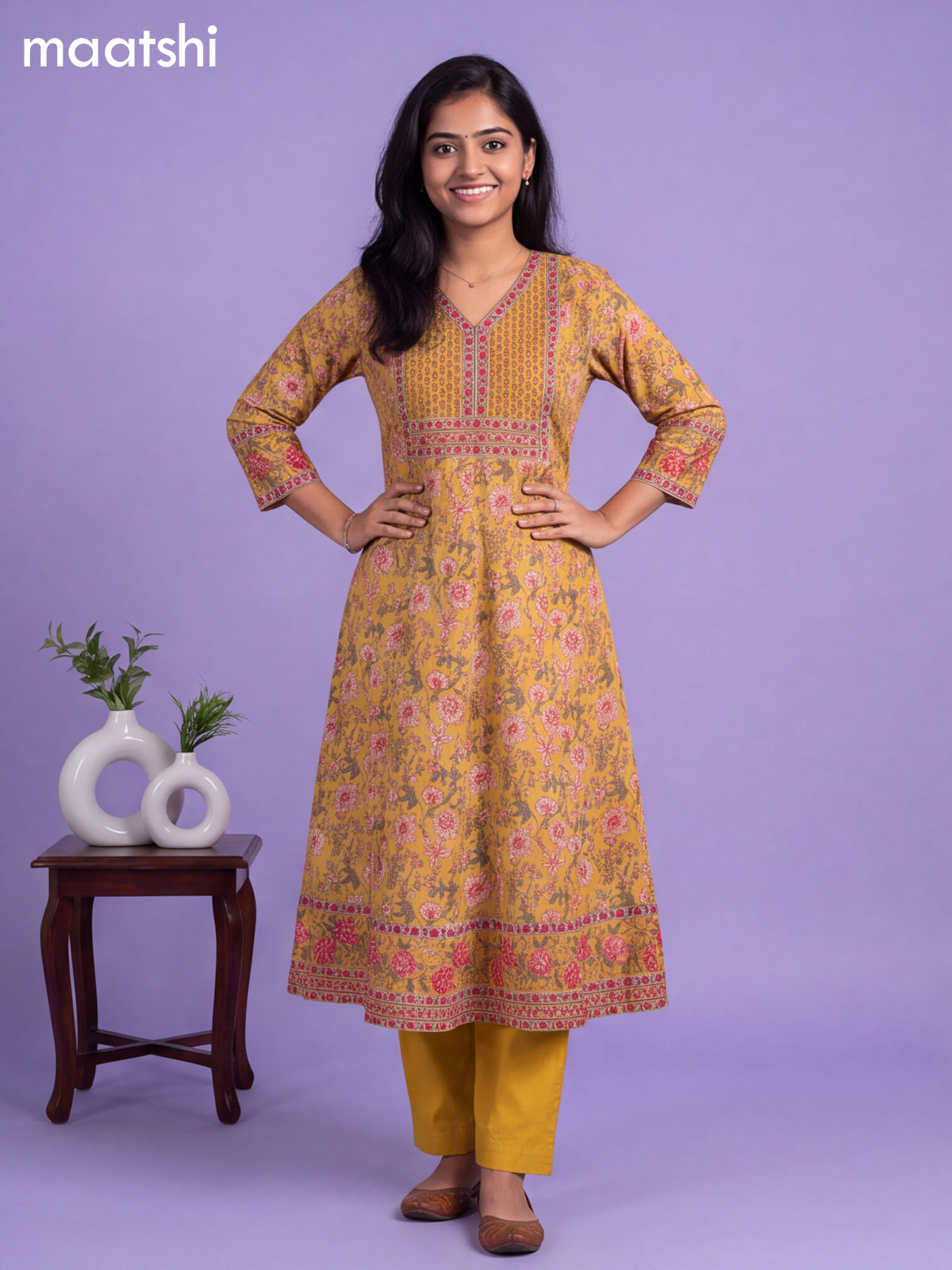 Yellow Cotton Allover Floral Printed Anarkali Suit