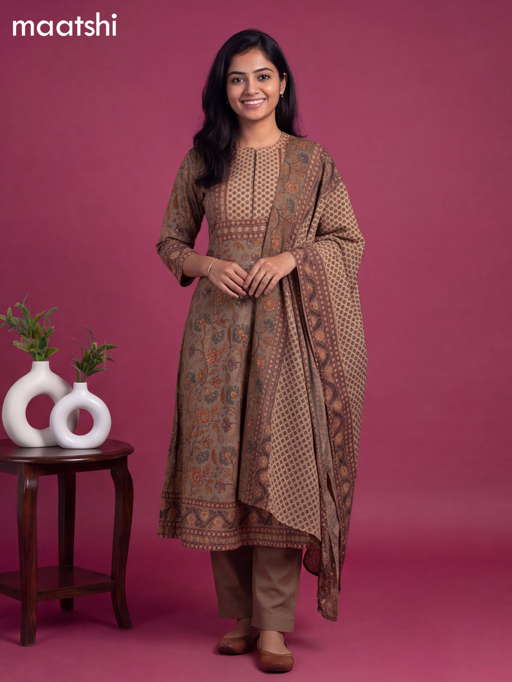Dark Grey Cotton Allover Floral Printed Anarkali Suit