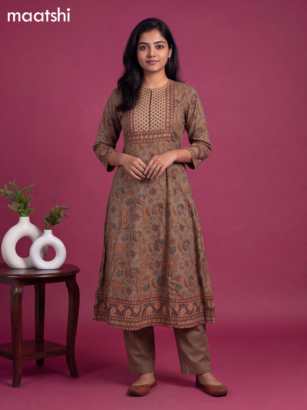 Dark Grey Cotton Allover Floral Printed Anarkali Suit