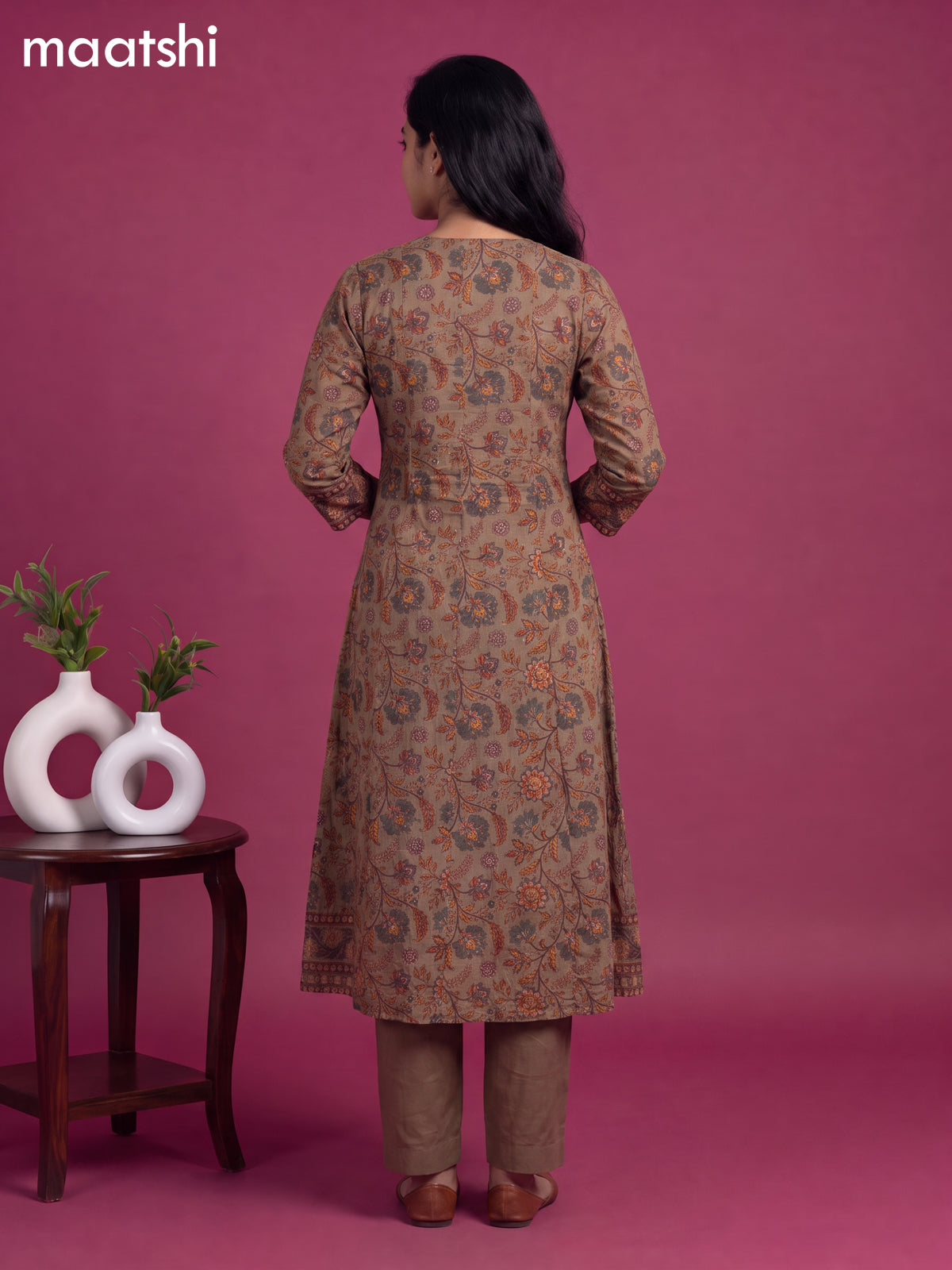 Dark Grey Cotton Allover Floral Printed Anarkali Suit