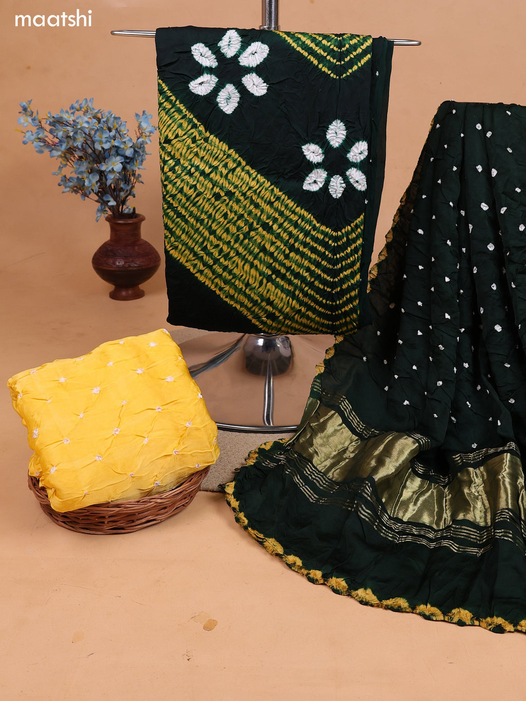 Dark Green and Yellow Gaji Silk Dress Material With Bandhani Prints and Bottom & Dupatta