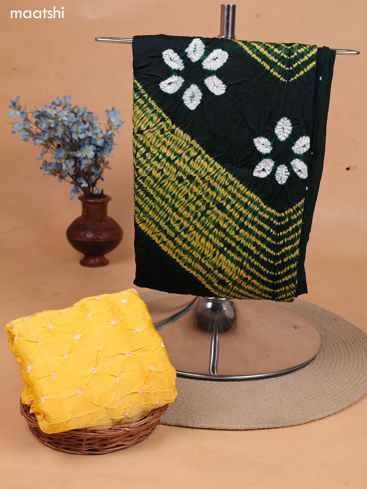 Dark Green and Yellow Gaji Silk Dress Material With Bandhani Prints and Bottom & Dupatta
