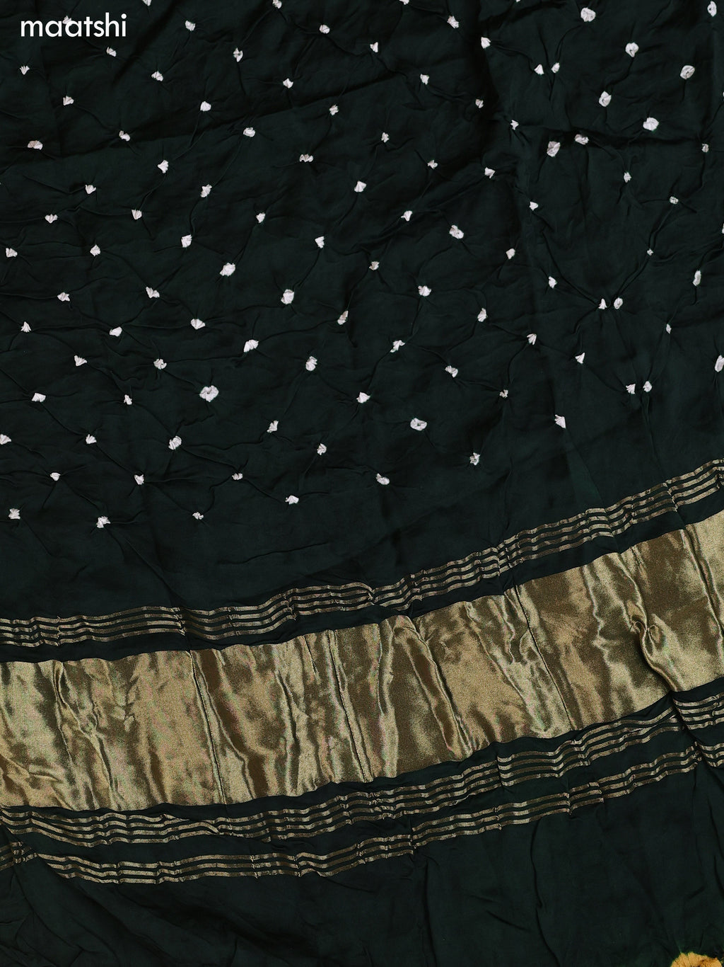 Dark Green and Yellow Gaji Silk Dress Material With Bandhani Prints and Bottom & Dupatta