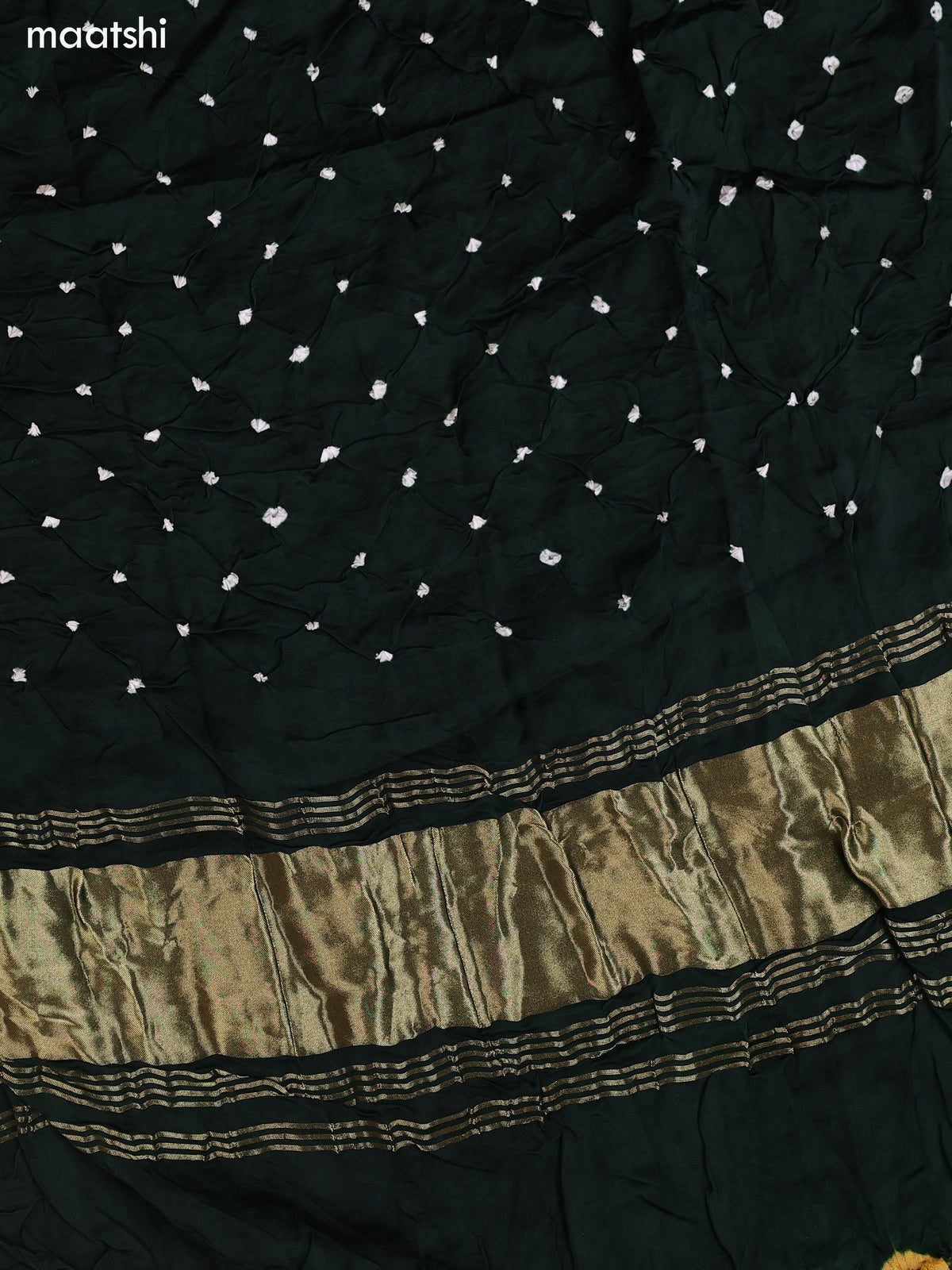 Dark Green and Yellow Gaji Silk Dress Material With Bandhani Prints and Bottom & Dupatta