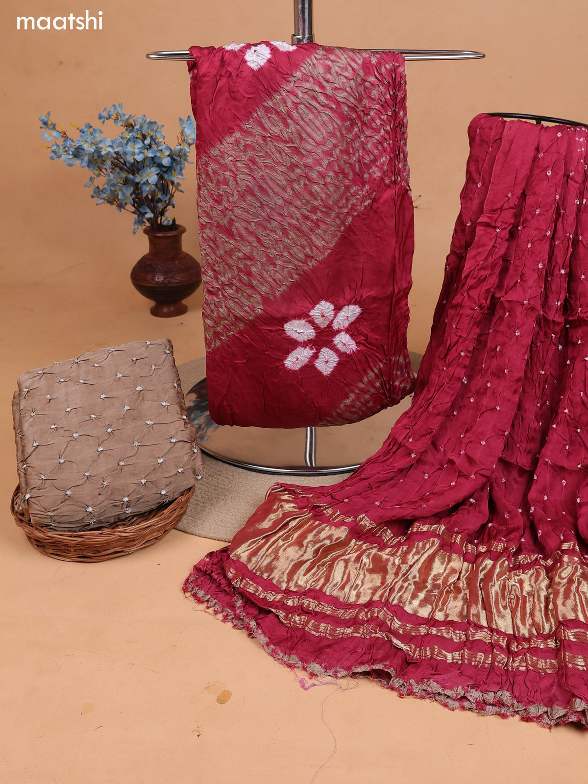 Pastel Maroon and Dark Beige Gaji Silk Dress Material With Bandhani Prints and Bottom & Dupatta
