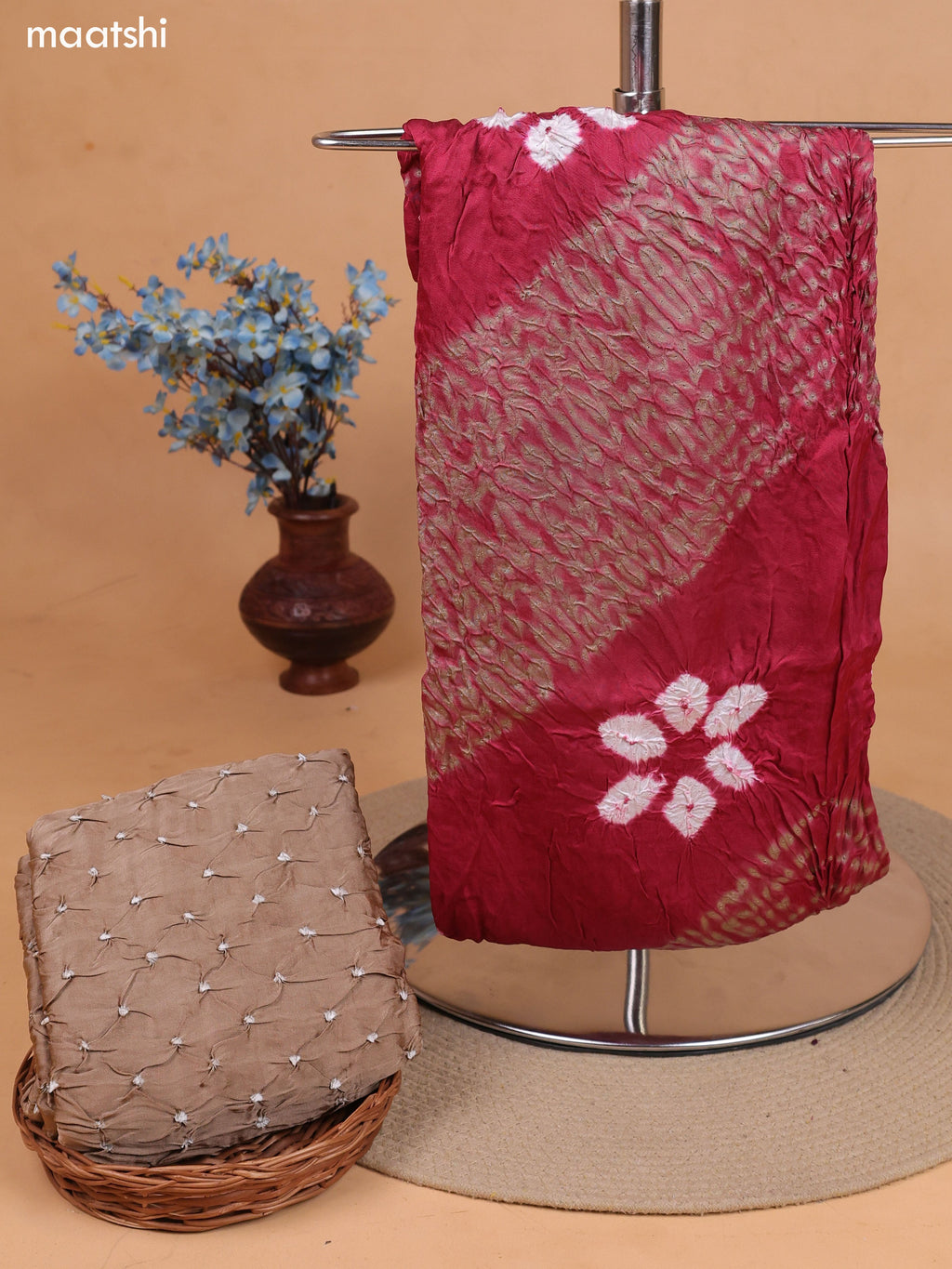Pastel Maroon and Dark Beige Gaji Silk Dress Material With Bandhani Prints and Bottom & Dupatta