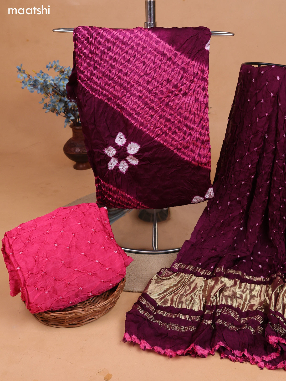 Dark Purple and Pink Gaji Silk Dress Material With Bandhani Prints and Bottom & Dupatta