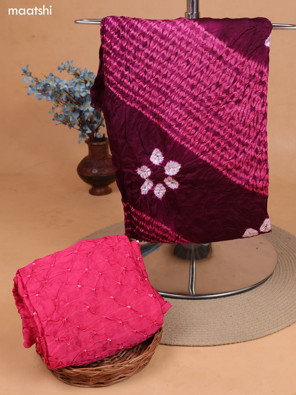 Dark Purple and Pink Gaji Silk Dress Material With Bandhani Prints and Bottom & Dupatta