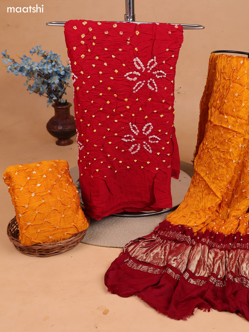 Yellow and Red Gaji Silk Dress Material With Bandhani Prints and Bottom & Dupatta
