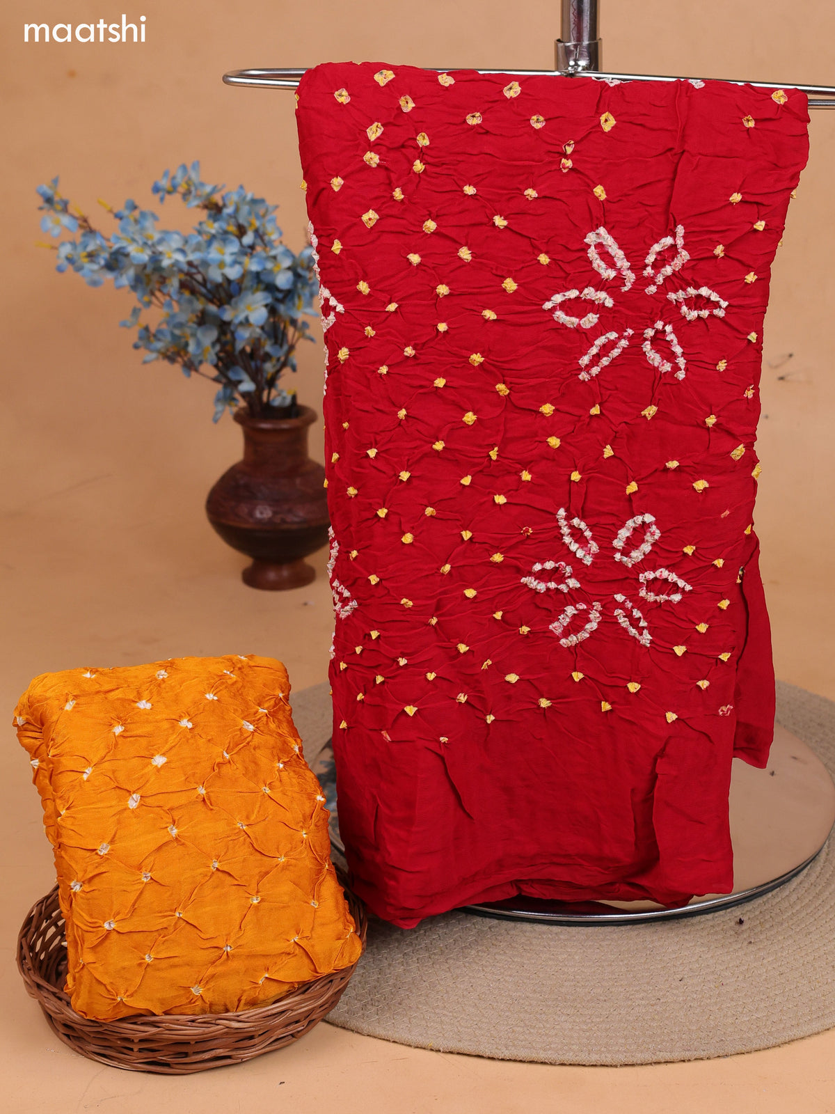 Yellow and Red Gaji Silk Dress Material With Bandhani Prints and Bottom & Dupatta