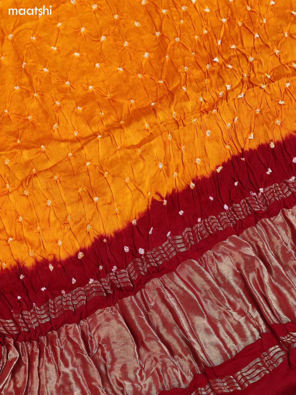Yellow and Red Gaji Silk Dress Material With Bandhani Prints and Bottom & Dupatta