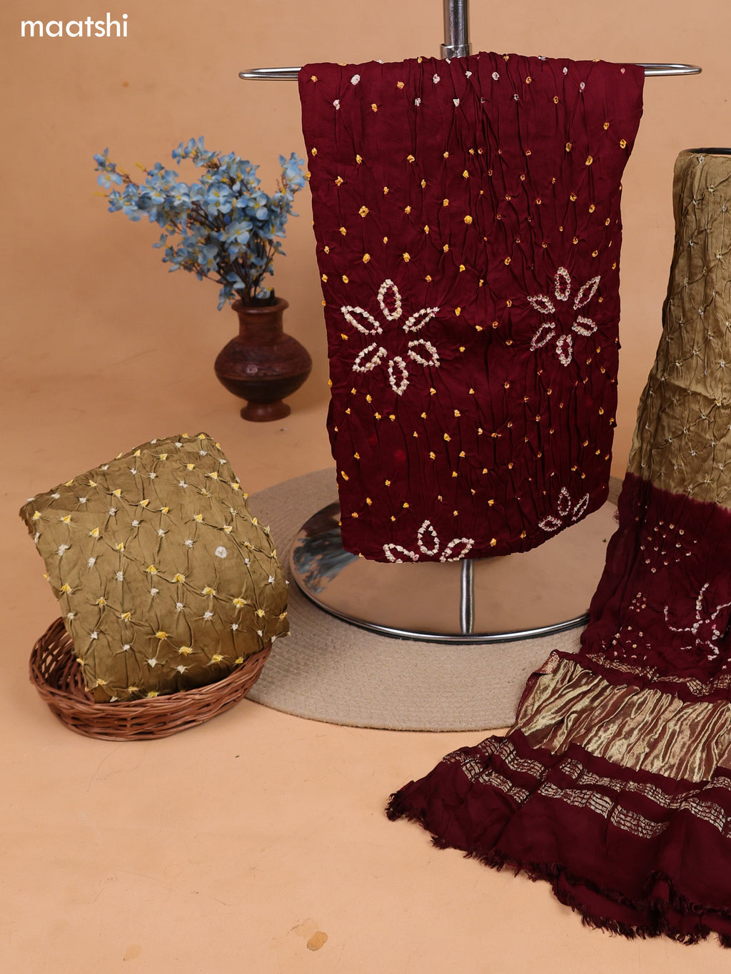 Deep Maroon and Dark Sandal Gaji Silk Dress Material With Bandhani Prints and Bottom & Dupatta