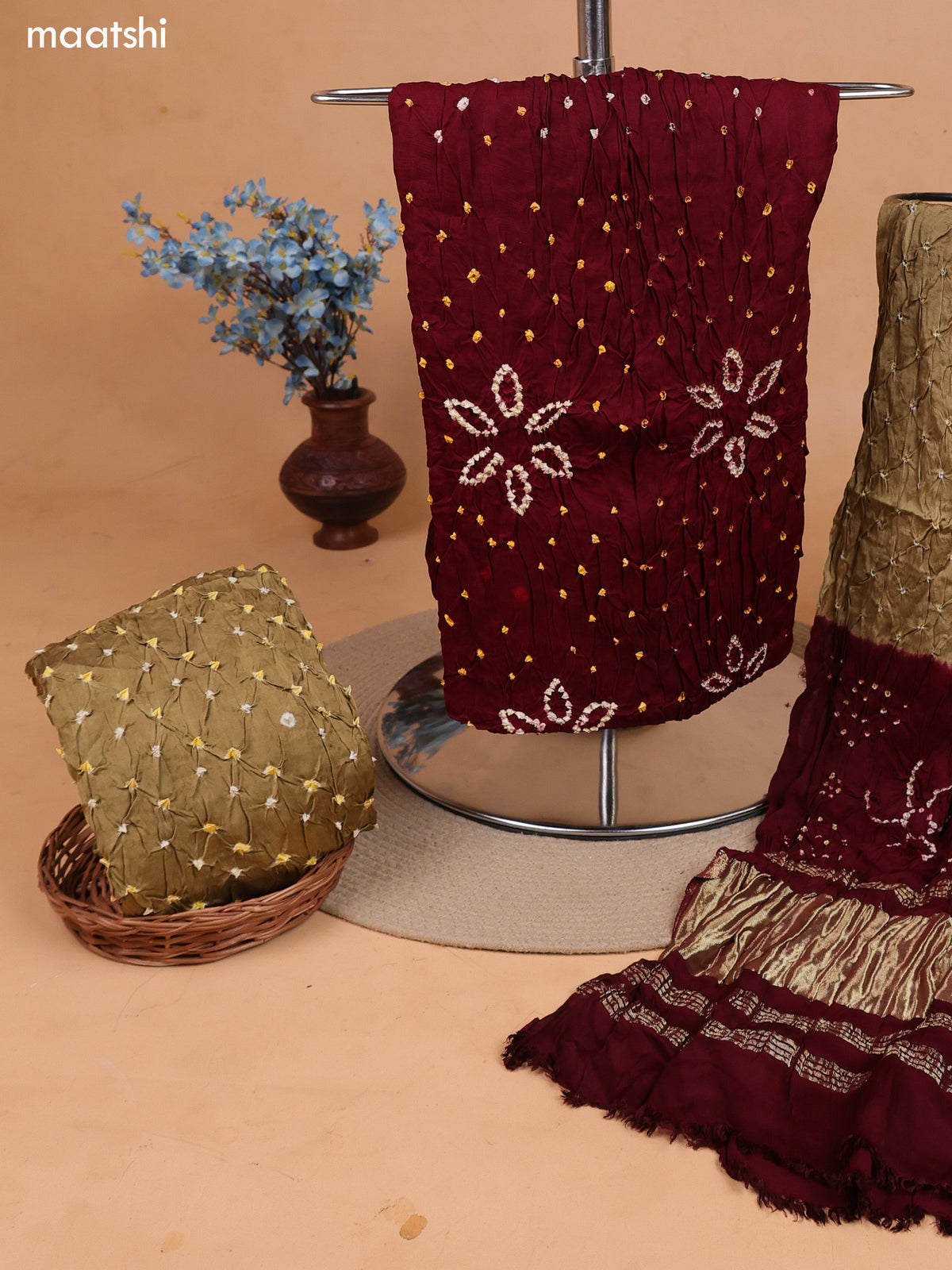 Deep Maroon and Dark Sandal Gaji Silk Dress Material With Bandhani Prints and Bottom & Dupatta