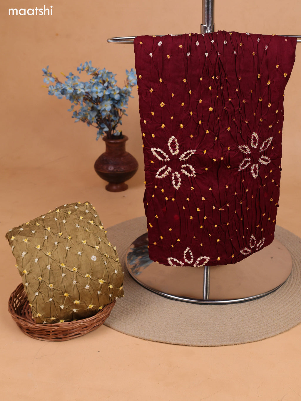 Deep Maroon and Dark Sandal Gaji Silk Dress Material With Bandhani Prints and Bottom & Dupatta