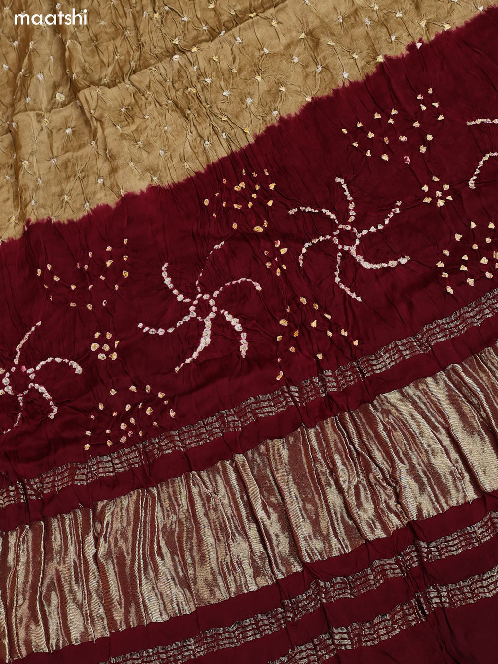 Deep Maroon and Dark Sandal Gaji Silk Dress Material With Bandhani Prints and Bottom & Dupatta