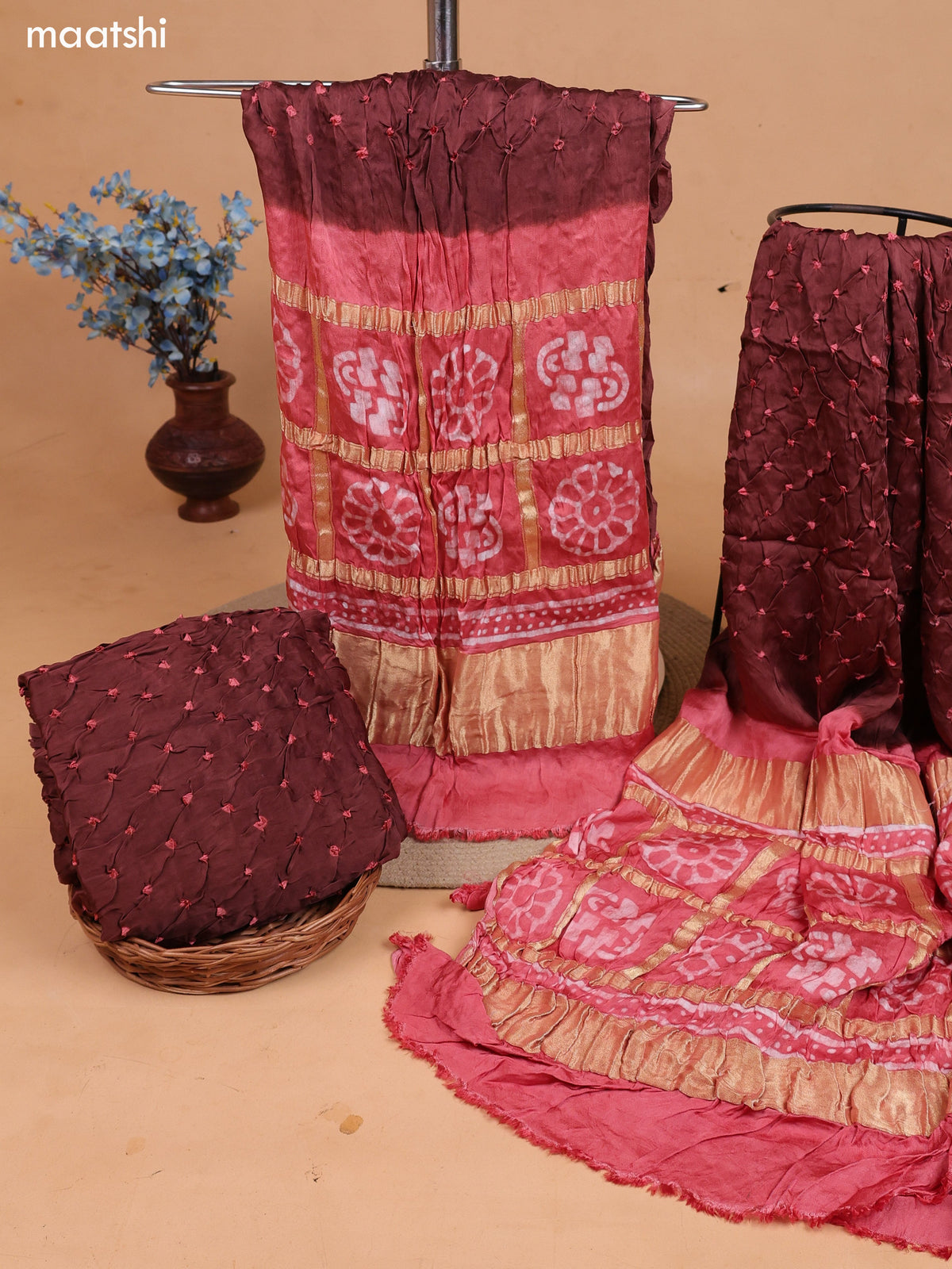 Peach and Brown Gaji Silk Dress Material With Bandhani Prints and Bottom & Dupatta