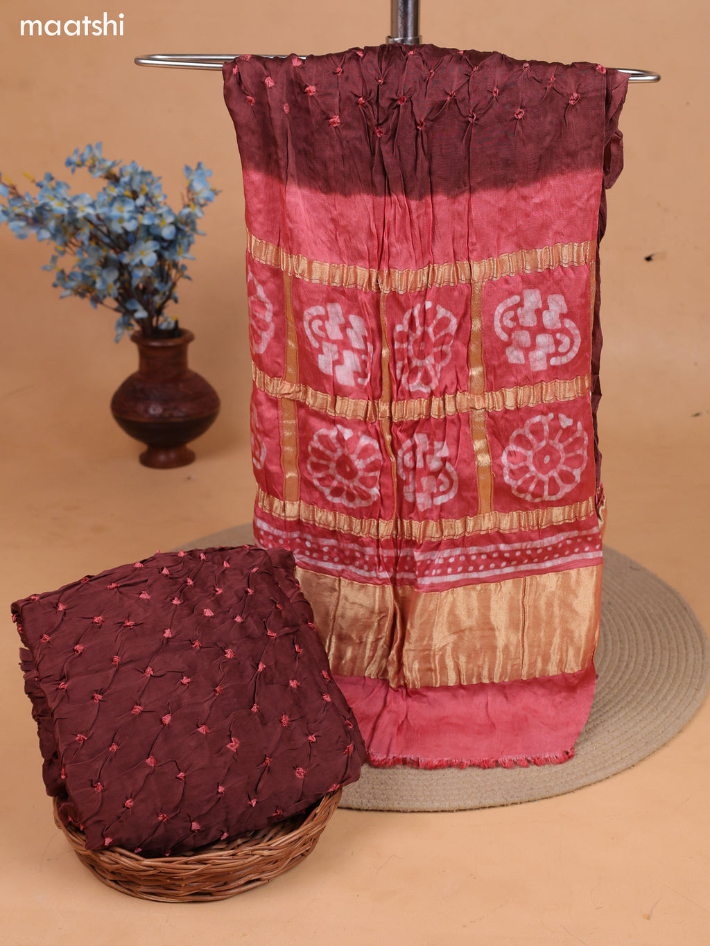 Peach and Brown Gaji Silk Dress Material With Bandhani Prints and Bottom & Dupatta