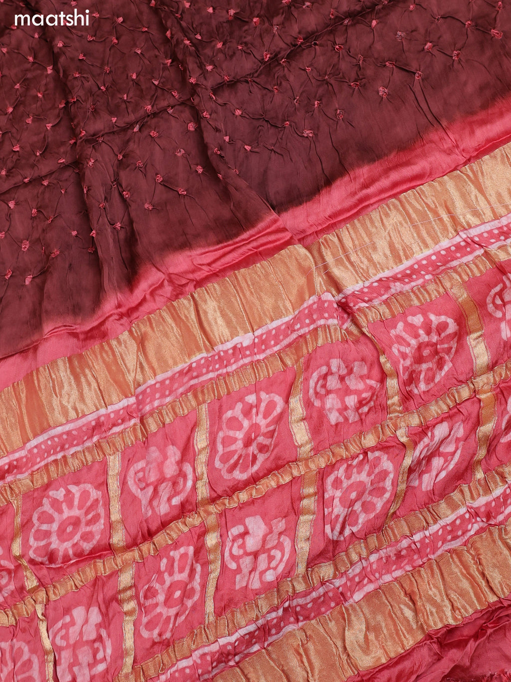 Peach and Brown Gaji Silk Dress Material With Bandhani Prints and Bottom & Dupatta